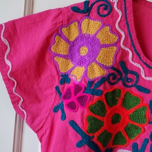 VINTAGE Hot Pink Chainstitch Embroidered Floral Clap Sleeve Shirt Large - Picture 3 of 9